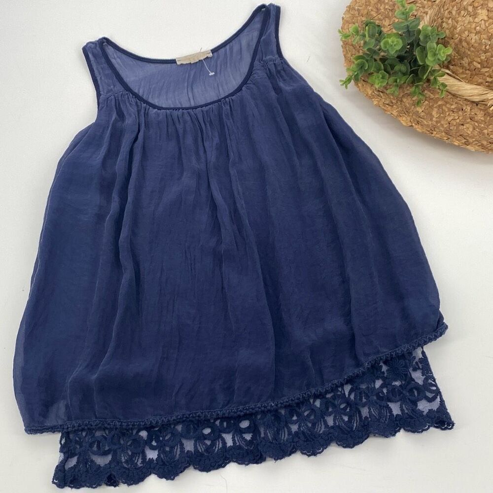 Prontomoda Gusy Silk‎ Flowy Blouse Tank Lace Trim Navy Small